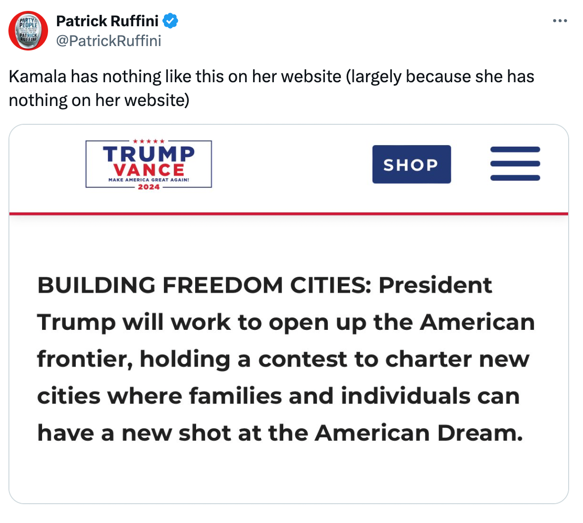 screenshot of Ruffini's tweet about Trump's "Freedom Cities"
