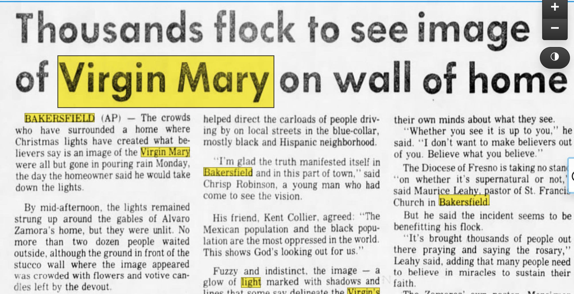 Screenshot of Newspaper Headline: "Thousands flock to see image of Virgin Mary on wall of home."
