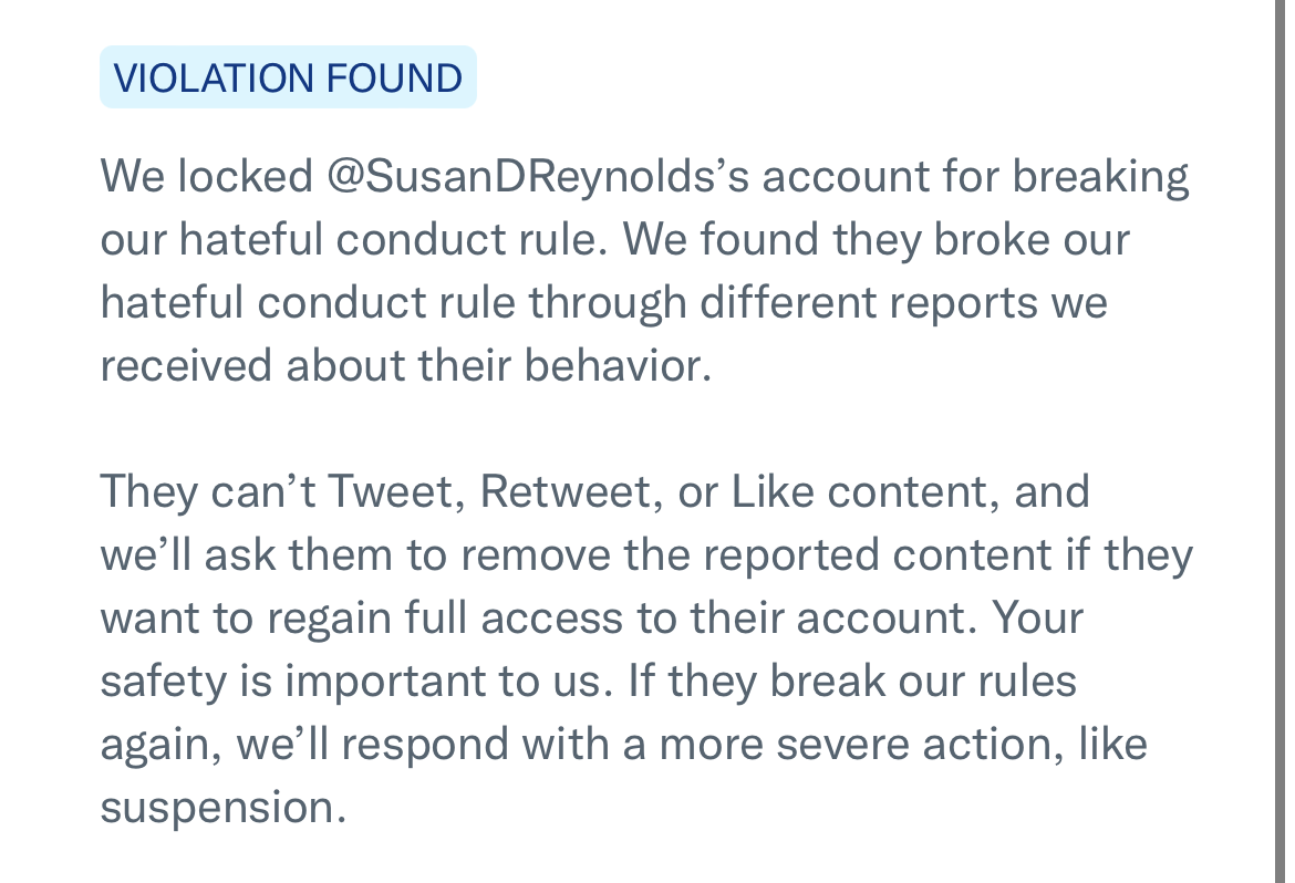 Screenshot of a message from Twitter: "Violation Found: We locked @SusanDReynold's account."