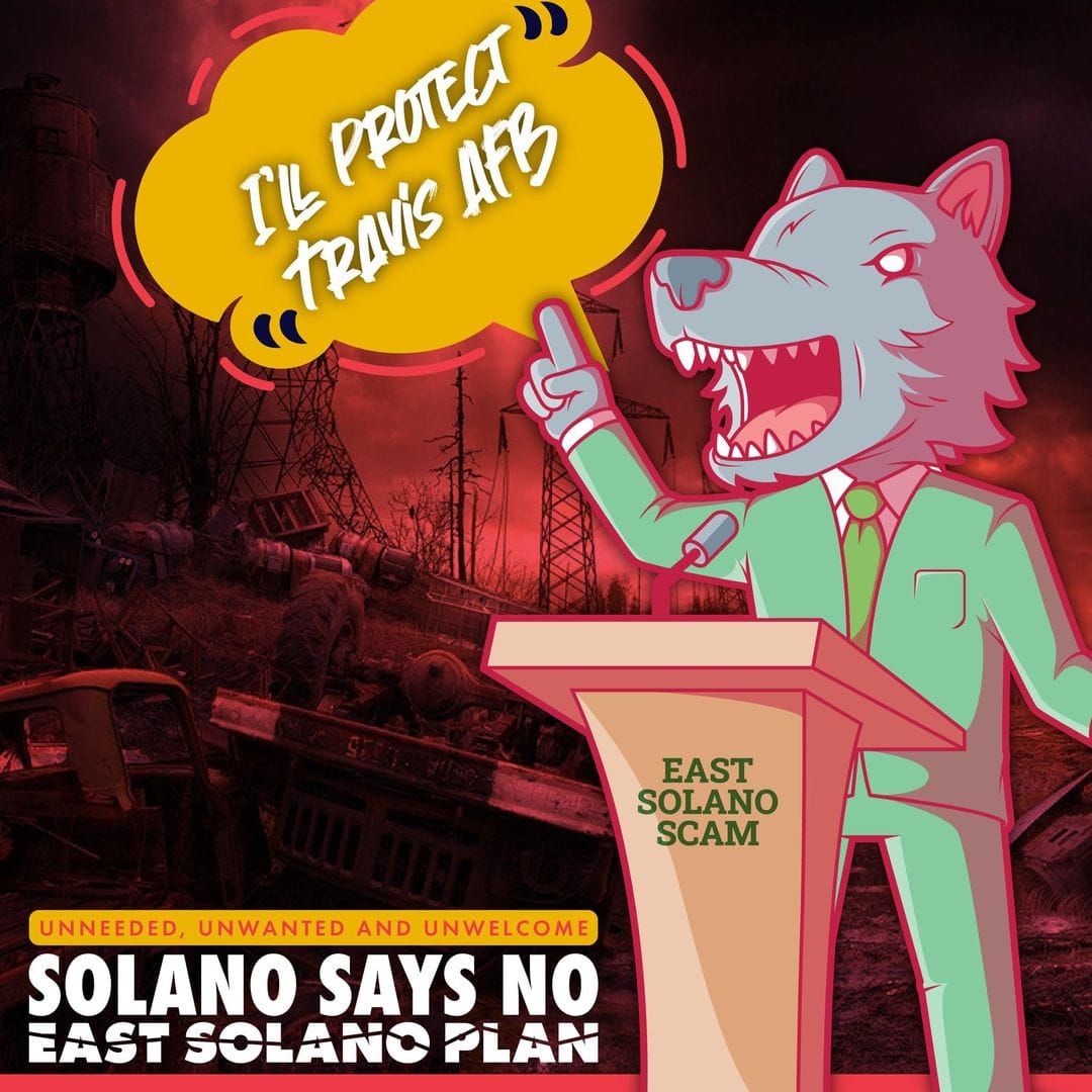 Digital image portraying a wolf in a suit at a podium that reads: "East Solano Scam." 