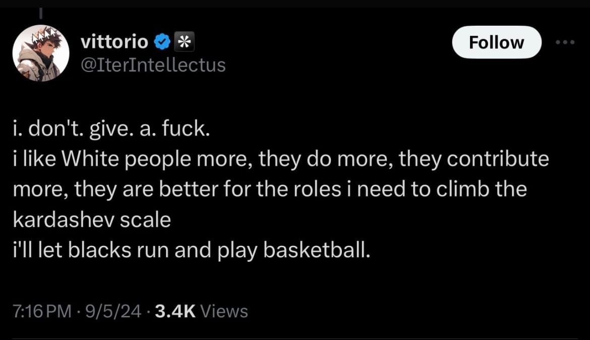 Racist tweet from Vittorio on X