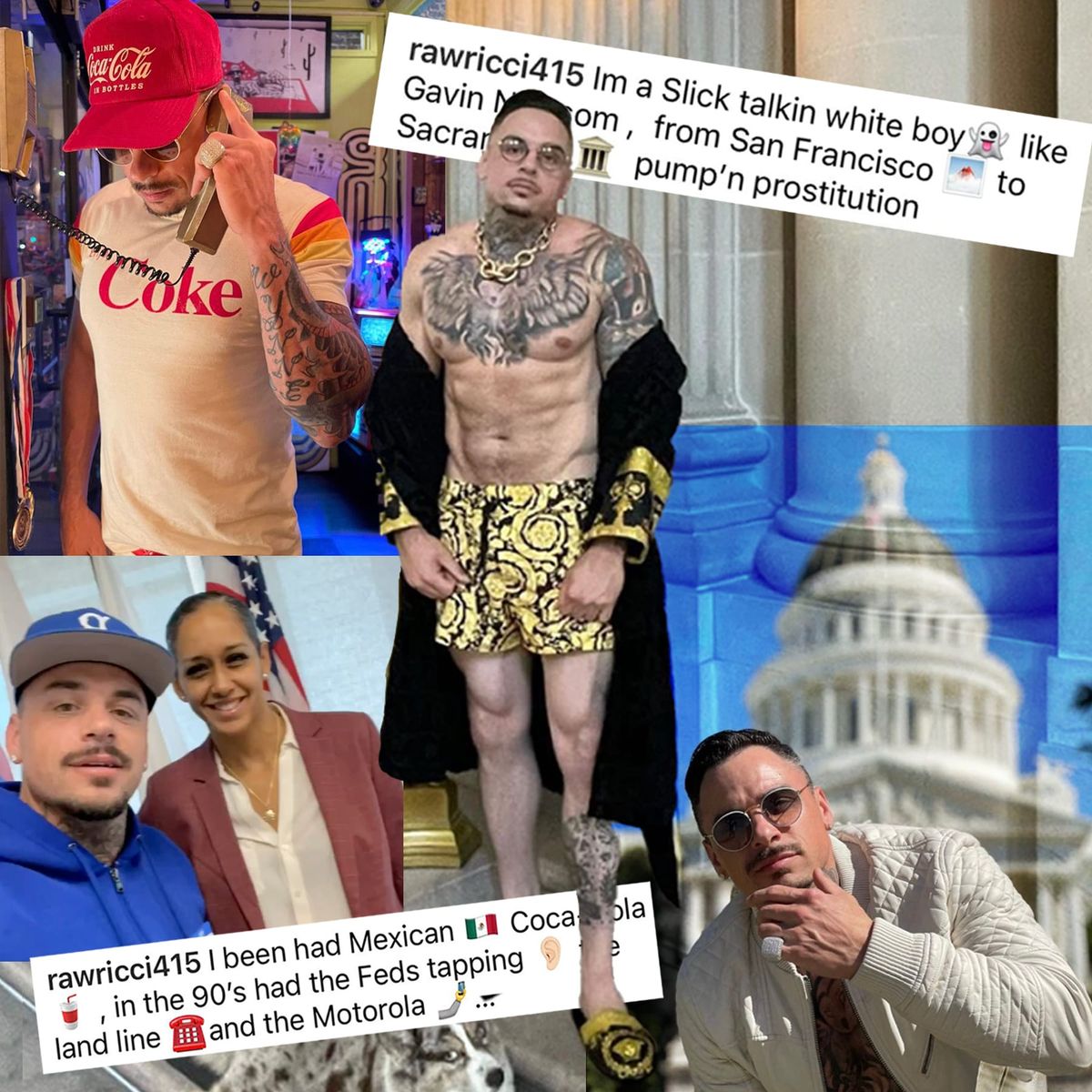 montage of Instagram photos showing Ricci Wynne's various modes. Clad in Gucci, posing with the DA. 