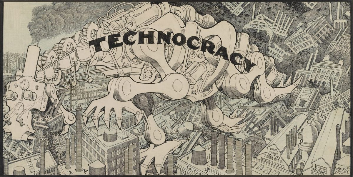 'Technocracy,' a 1933 pessimistic cartoon by Winsor McCay. It depicts a large monster composed of mechanical parts, spewing black smoke.