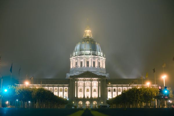 dark and foggy SF City Hall with ominous vibes