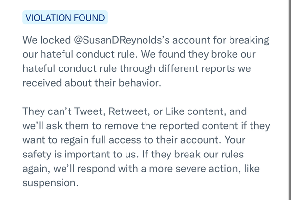 Screenshot of a message from Twitter: "Violation Found: We locked @SusanDReynold's account."