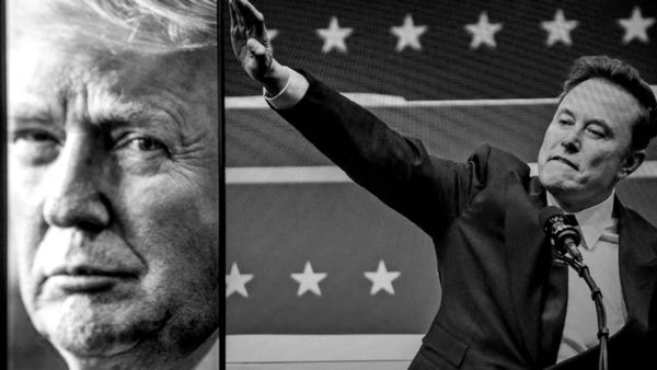 photo collage with Donald Trump on the left and Elon Musk nazi saluting on right.